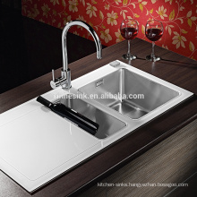 Inset 1.5B Tempered Glass Stainless Steel Kitchen Sink with Double Bowl